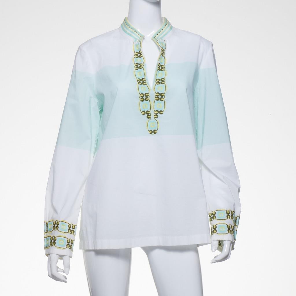 Tory Burch Mint Green Embroidered Cotton Tunic Blouse Loose Fit 14