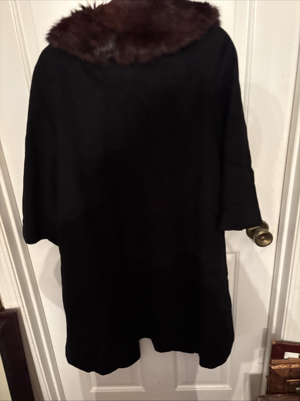 Vintage 100% Black Wool Coat With Brown Real Fur Collar Women’s Sz M/L