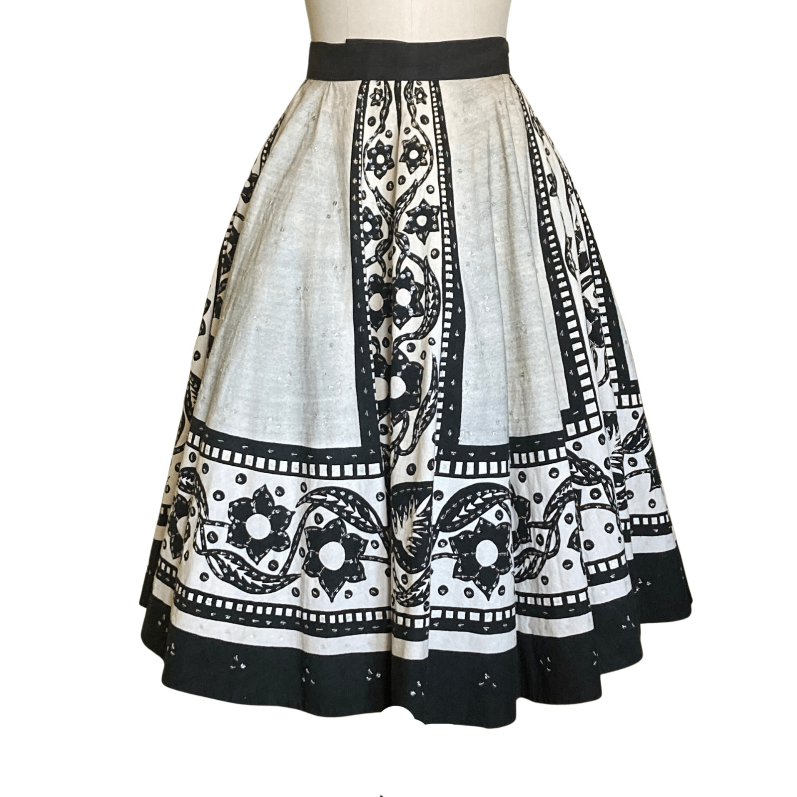 Vintage 1950s Black & Off White Floral Sequin Circle Mexican Skirt | 1950s Skirt