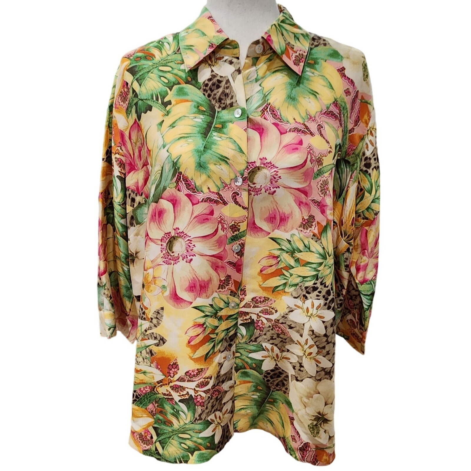 Vintage Womens Tropical Floral Print Silk Blouse Top Shirt Summer Fun Festive 1X