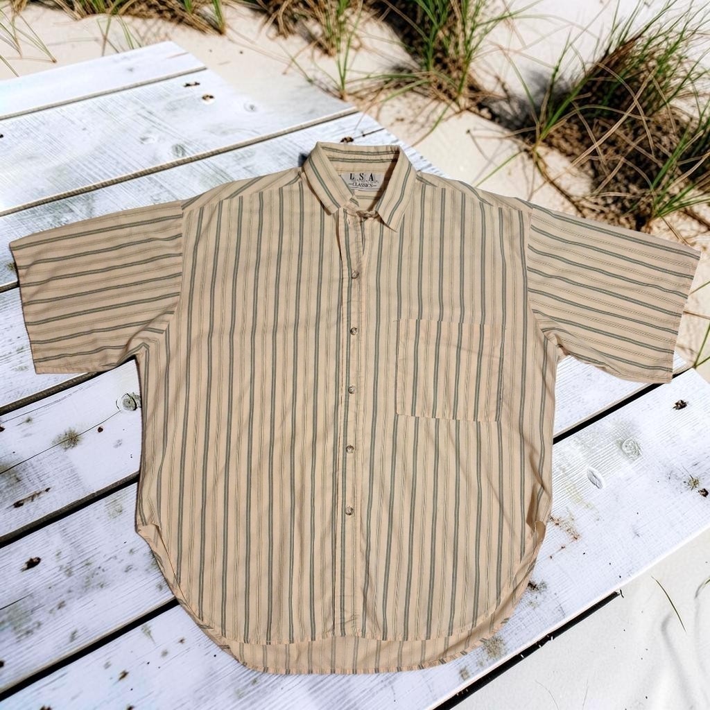 VTG 80s Striped Button Shirt W XL Oversized Cotton Made in USA Grandma Coastal