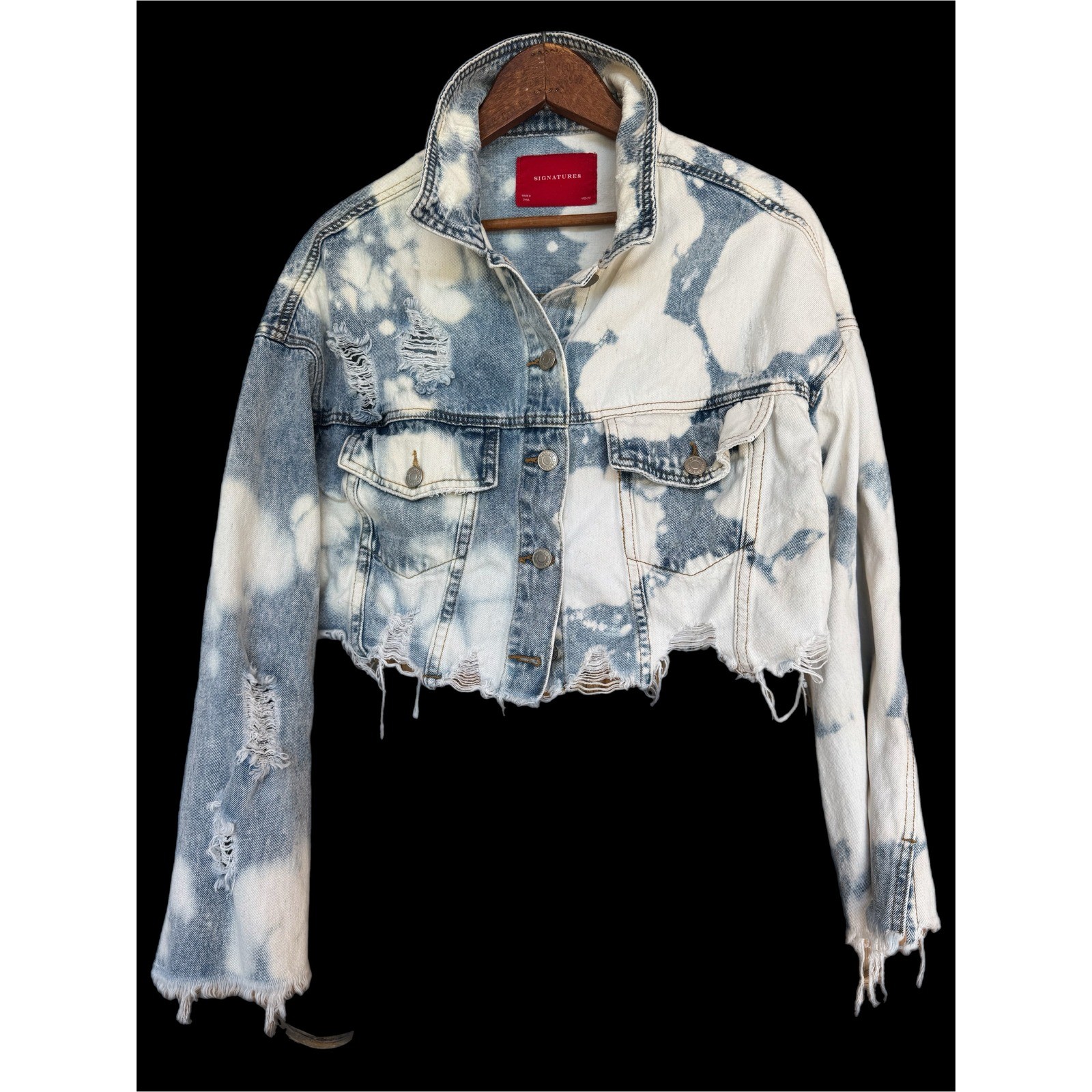 OOAK Distressed Bleached Denim Sacred Heart Lotus Cropped Jacket M
