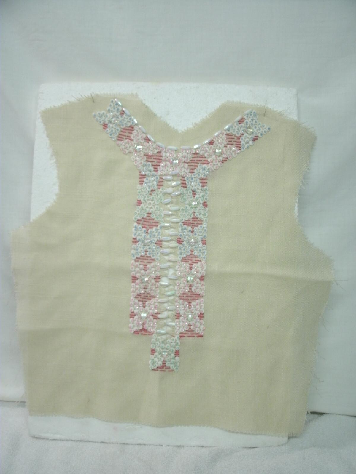 Hand BEADED & APPLIQUE DICKIE /Tuxedo Front –Beige Linen Fabric–Original/Vtg