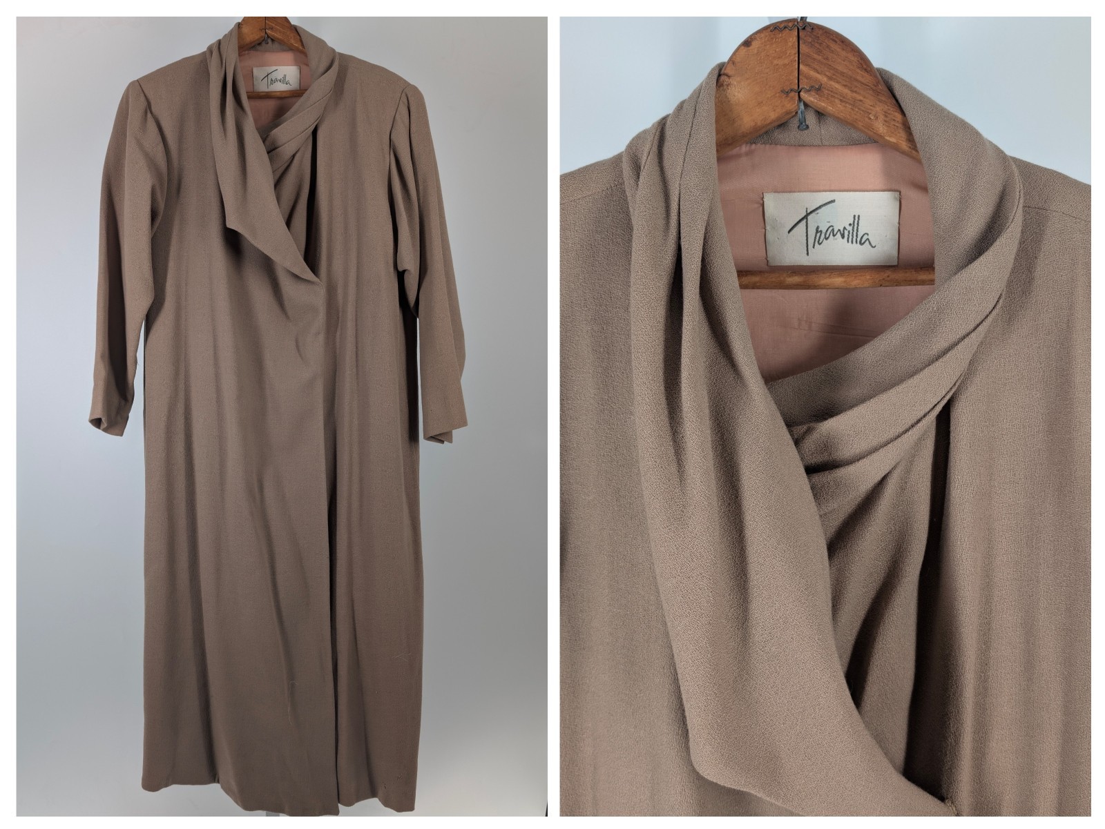 Bill Travilla Vintage 70s Crepe Beige Wrap Asymmetric Dress Hollywood USA Sz 14