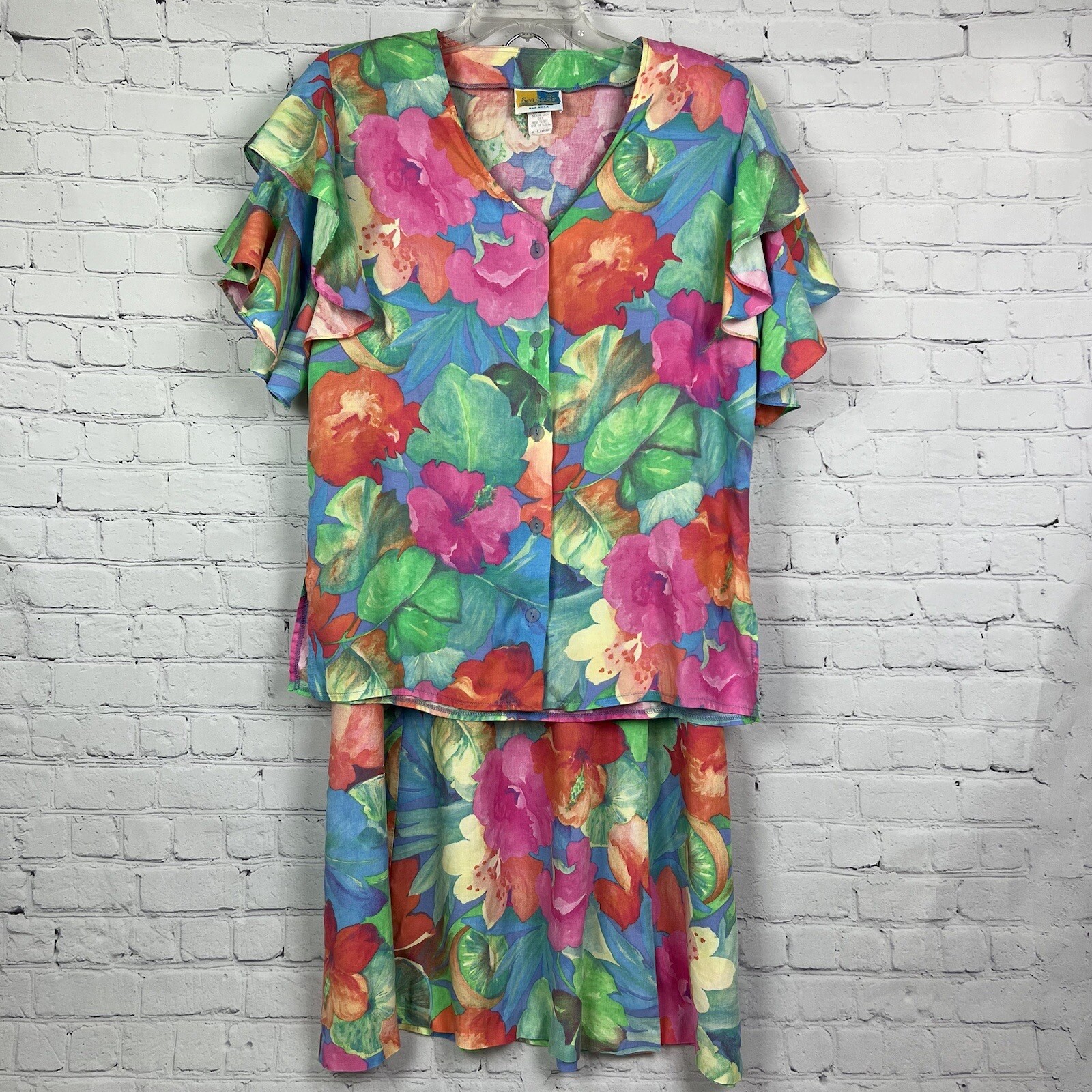 Vintage Sea Suns Watercolor Floral Tropical Beach Button Maxi Skirt & Top Set XL