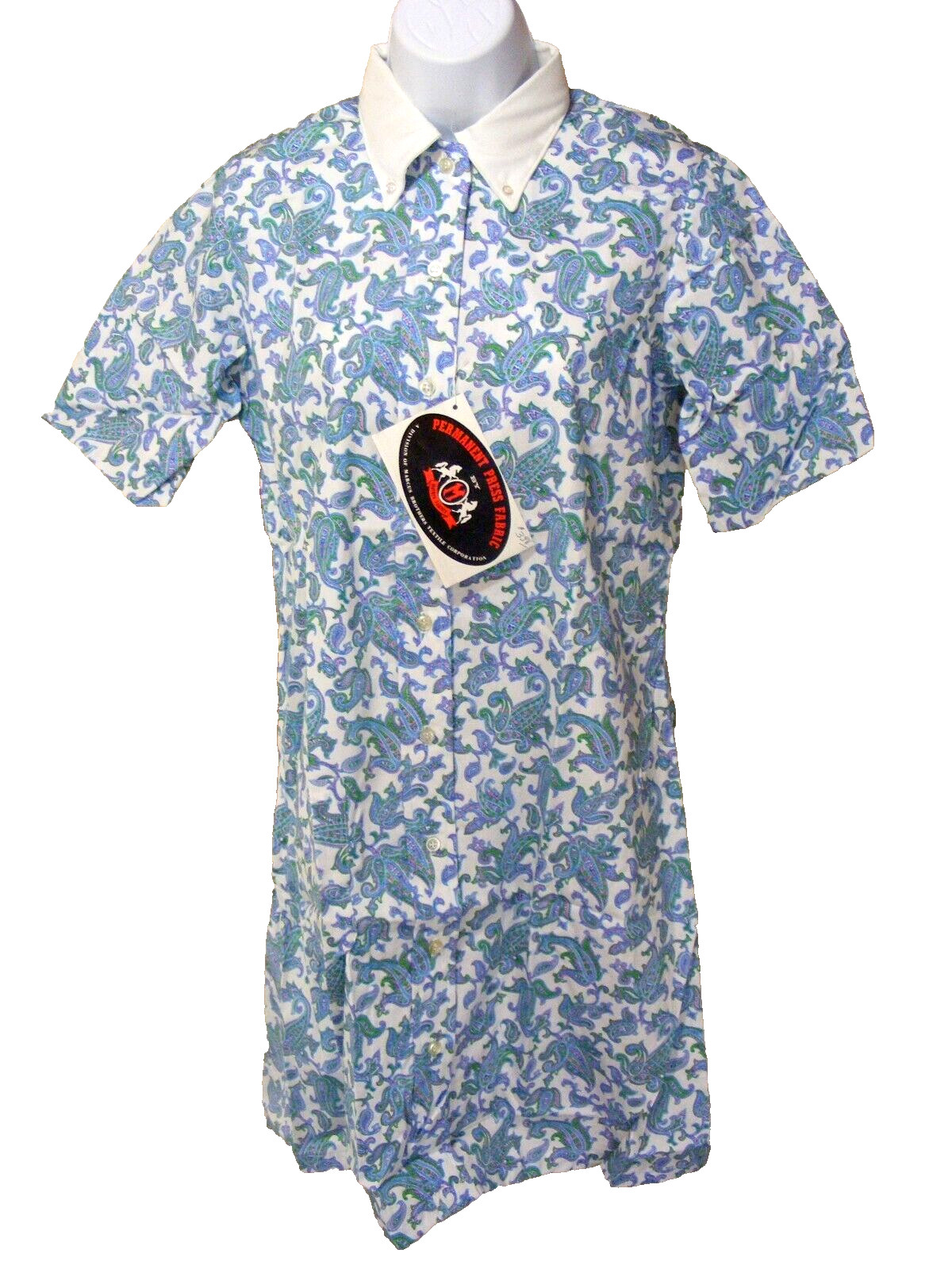 60s SHIRT DRESS RAYON COTTON DEADSTOCK IN BAG BLUE PAISLEY SHORT CUFF SLEEVE M