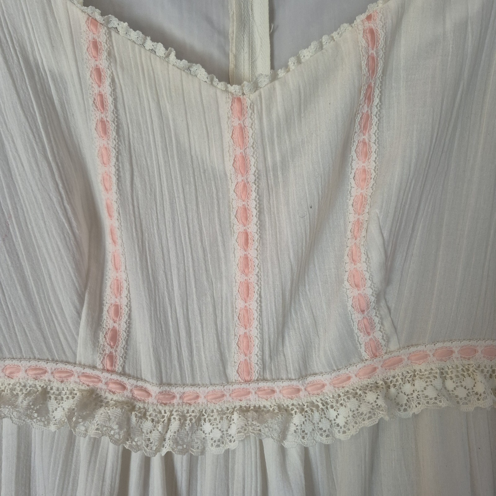 Hand Sewn, Vintage Prairie Dress, Long White Cotton Gauze, Pink Ribbon Size 12