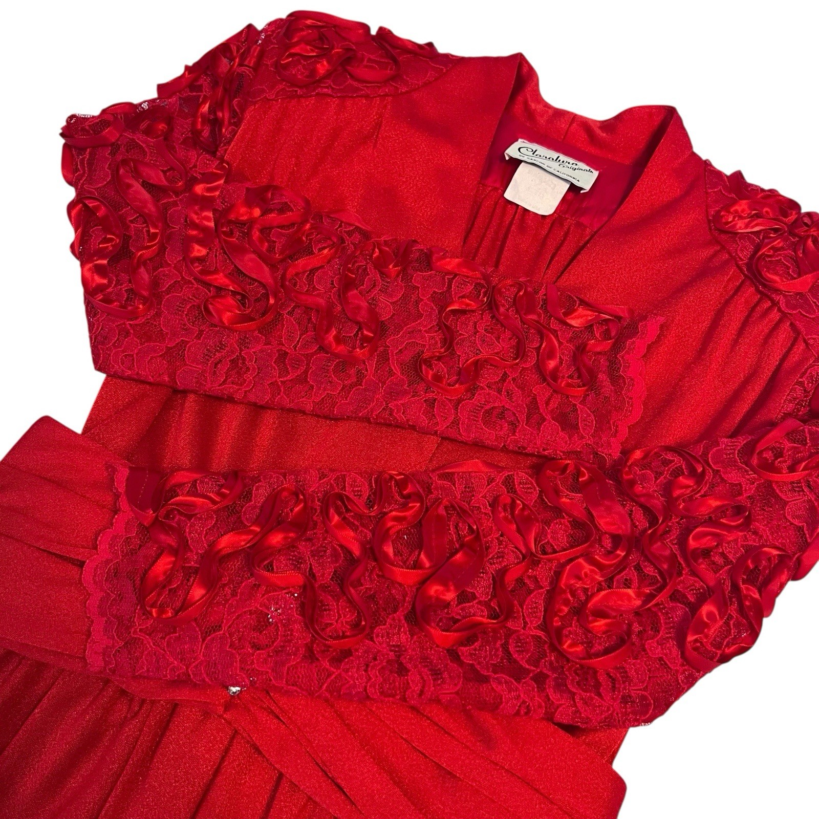 Vintage Claralura Red Jumpsuit L/S Rhinestone Button Lace Sleeve USA 80s Glam
