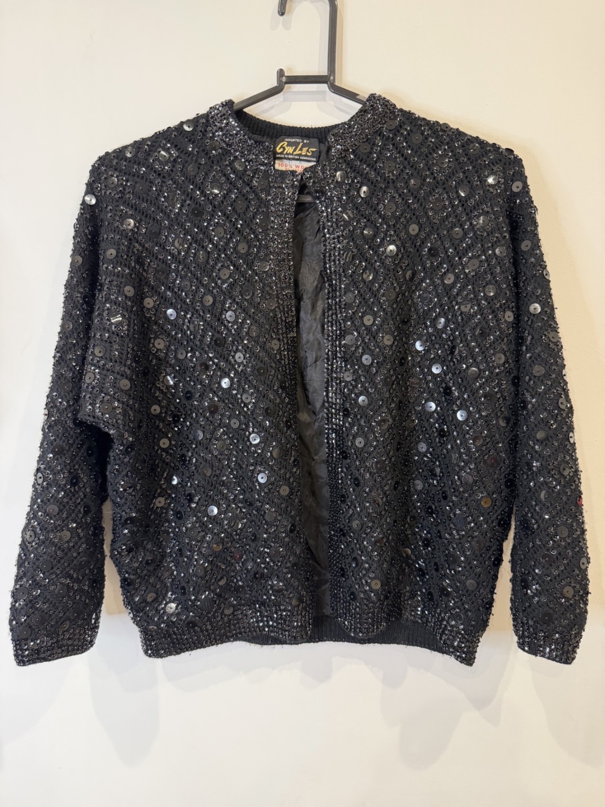 Vintage Cyn Les Black Sequin Beaded Wool Evening Jacket Women’s Size S-M