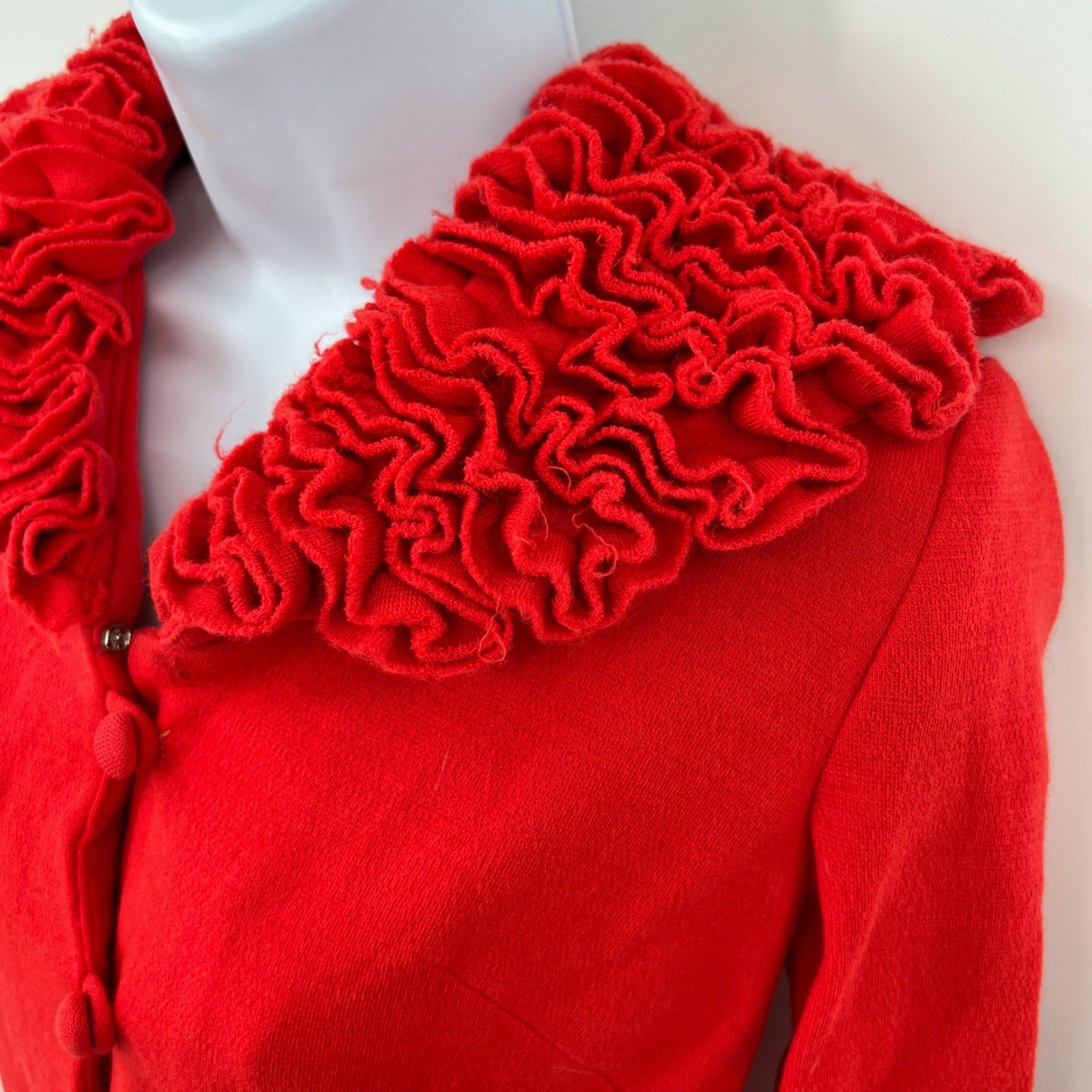 Vintage 60s Lipstick Red Dress Ruffled Collar Cuffs Abella Paris Size M Pinup