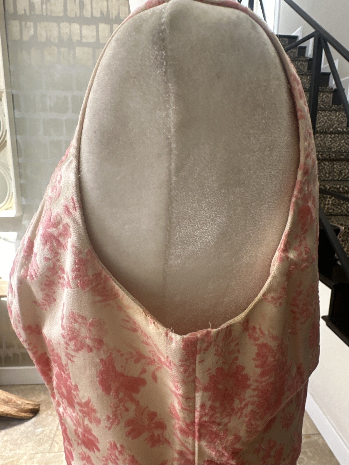 Vintage 60s Cream Satin & Pink Velvet Flocking Evening Gown With Jacket Size 6