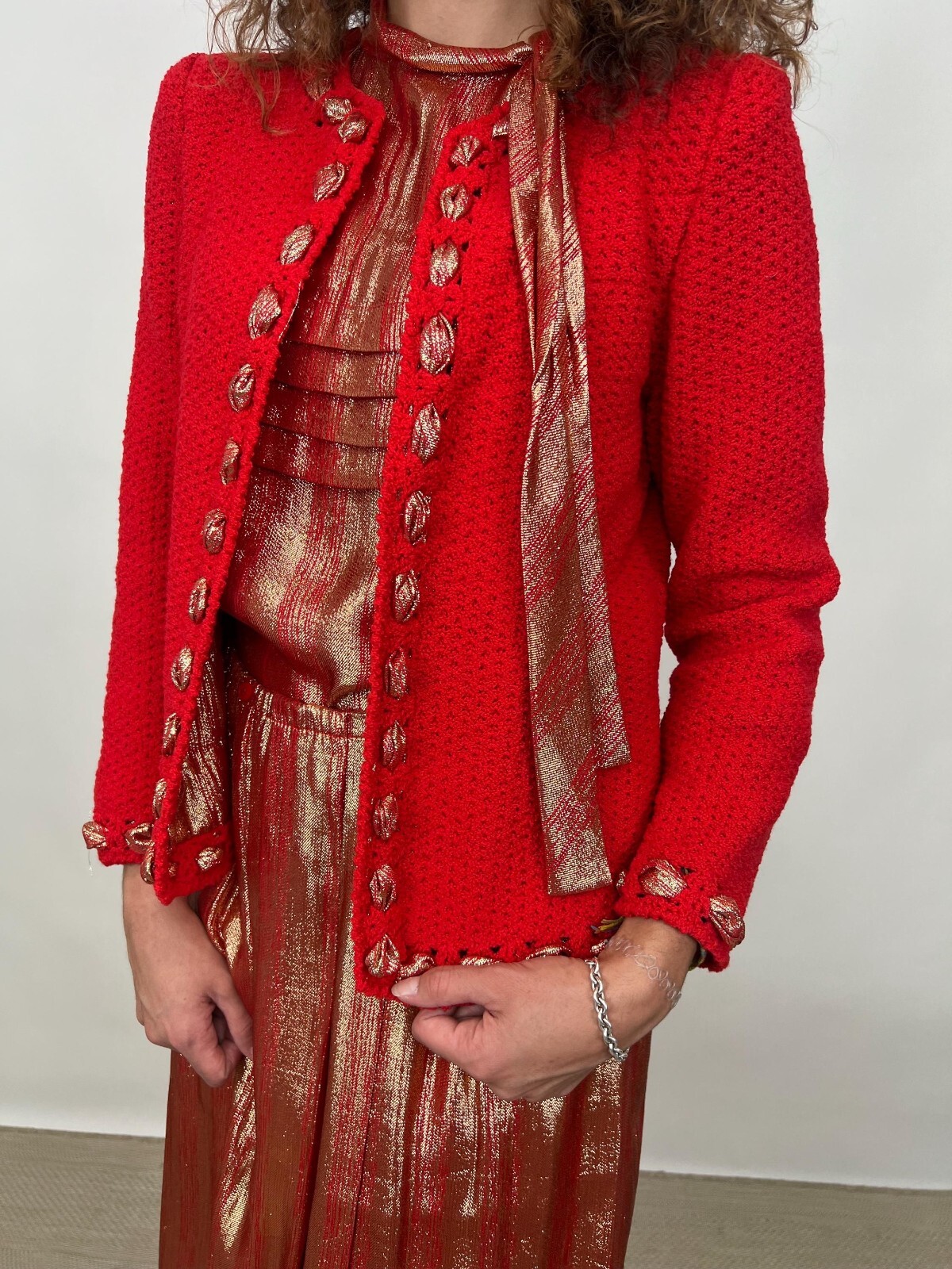 Vintage 1980s Adolfo For Sax Fifth Avenue Red and Gold Lamé Blouse Sweater Skirt