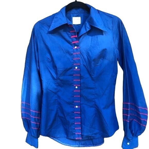 Vintage Karman Western Wear Lantern Sleeve Blue Red Embroidery Button Down Shirt