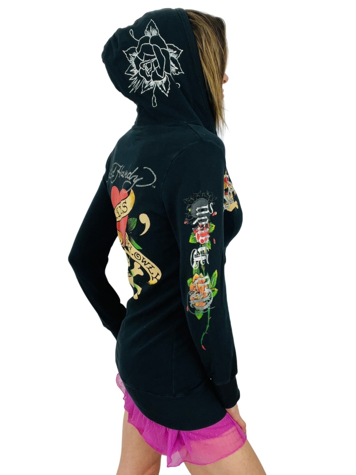 VTG Ed Hardy Christian Audigier Black Tattoo Graphic Zip Hoodie S | McBling Y2K
