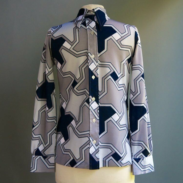 VTG 70s Disco Poly Dress Shirt Mod Hippie Geometric Graphic Gray Blue S M