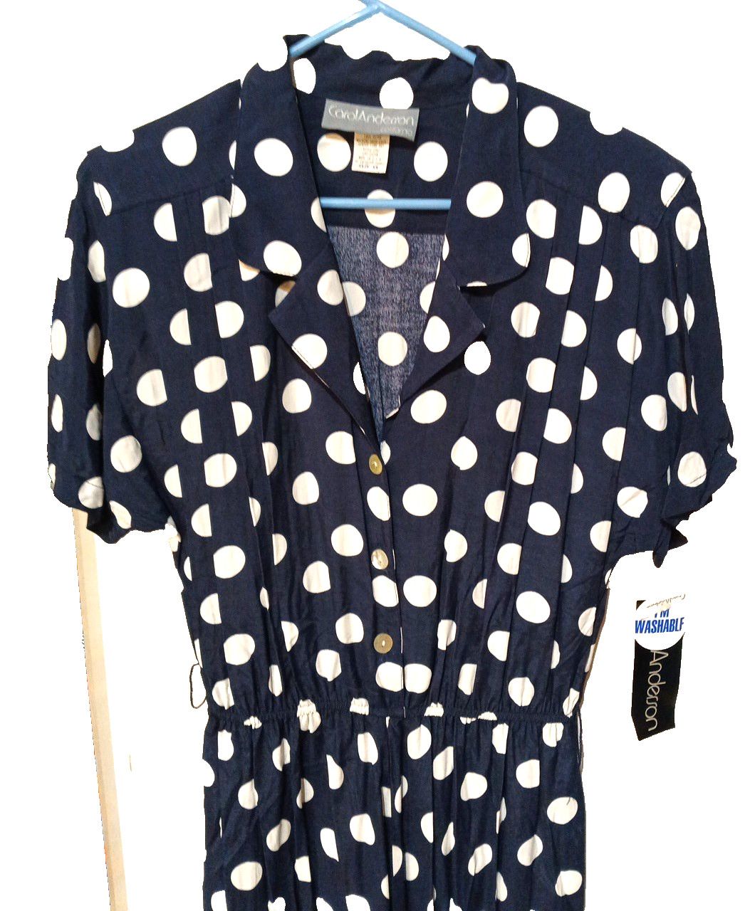 New 14 fit 10 vintage 80s NAVY BLUE white polka dot Midi SHIRT DRESS pockets NWT