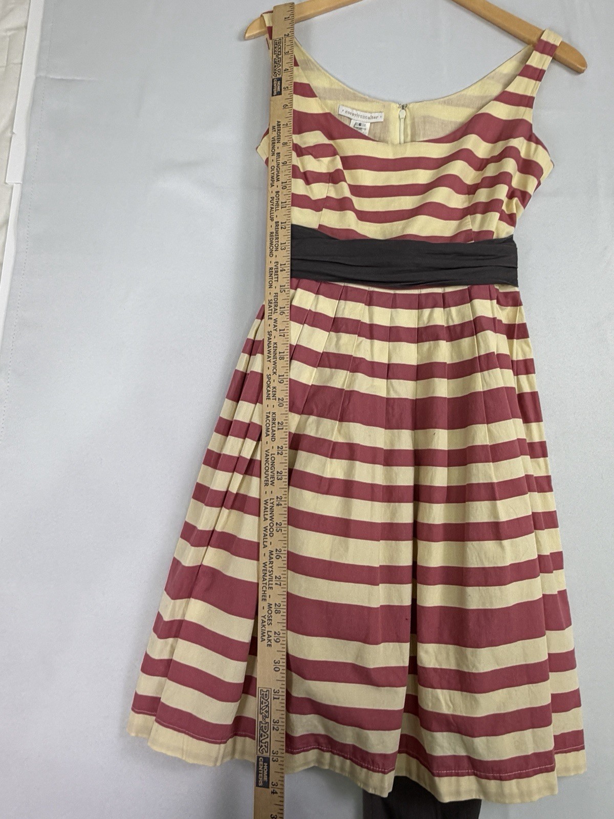 Corey Lynn Calter Striped Fit Flare Dress Size 6 Pink Cream Black Sash Bow