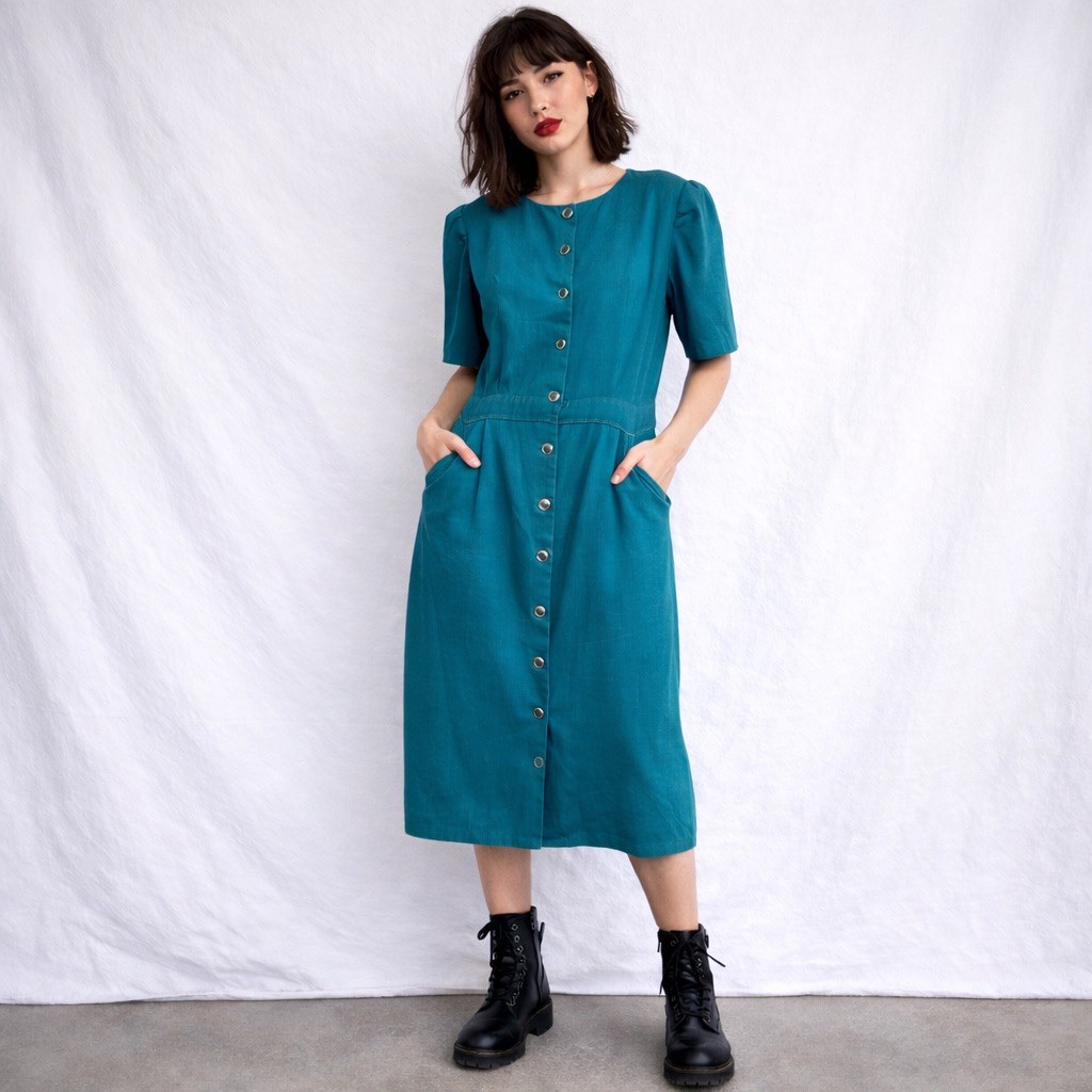 Vintage 90s Teal Button Front Dress Special Effects Size 16W USA Made