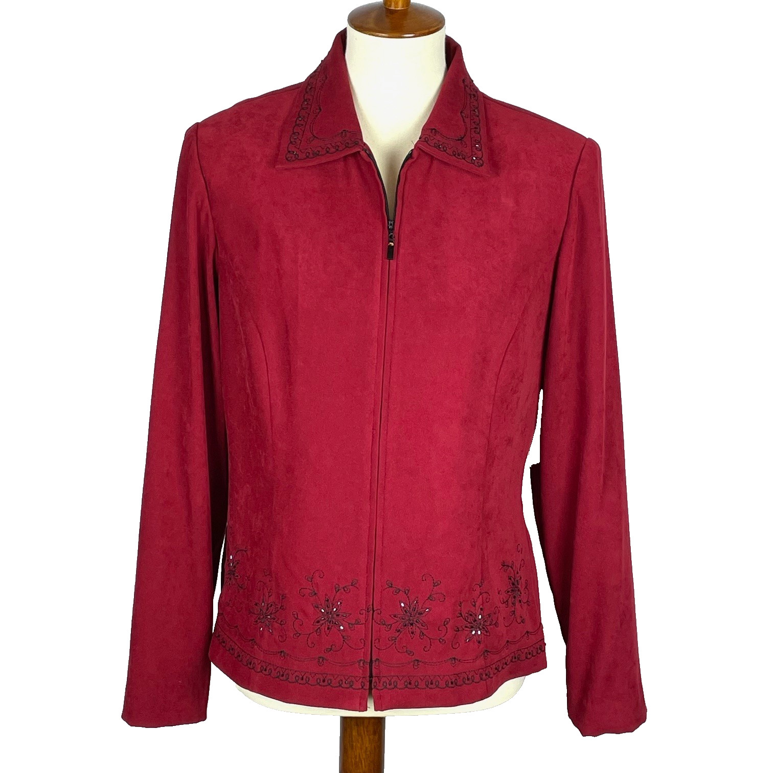 Vtg 80s 90s Studio I Faux Suede Full Zip Blazer Sz 12 Red Beaded Embroidery