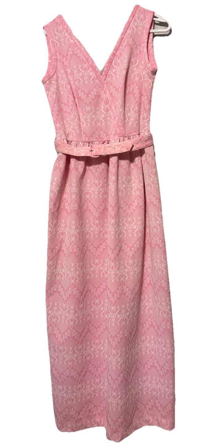 Vintage Women’s Toni Todd Pink Textured Sleeveless Formal Maxi Dress With Belt