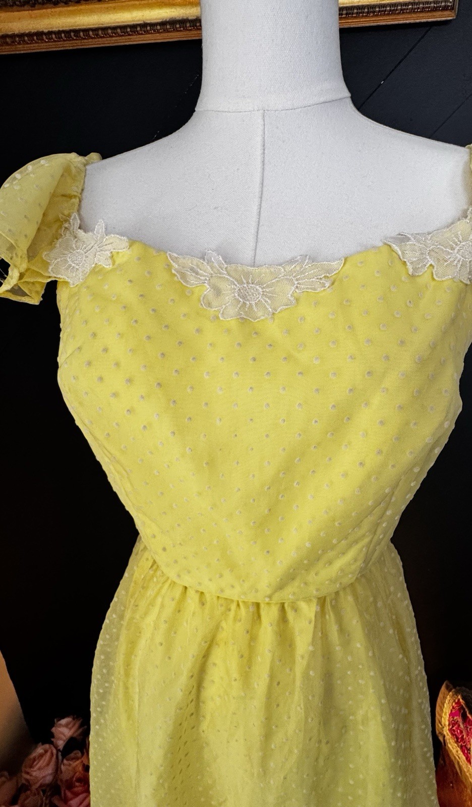 Vintage 1950s Yellow Swiss Dot Tulle Gown with Ruffle Sleeves and Lace Trim
