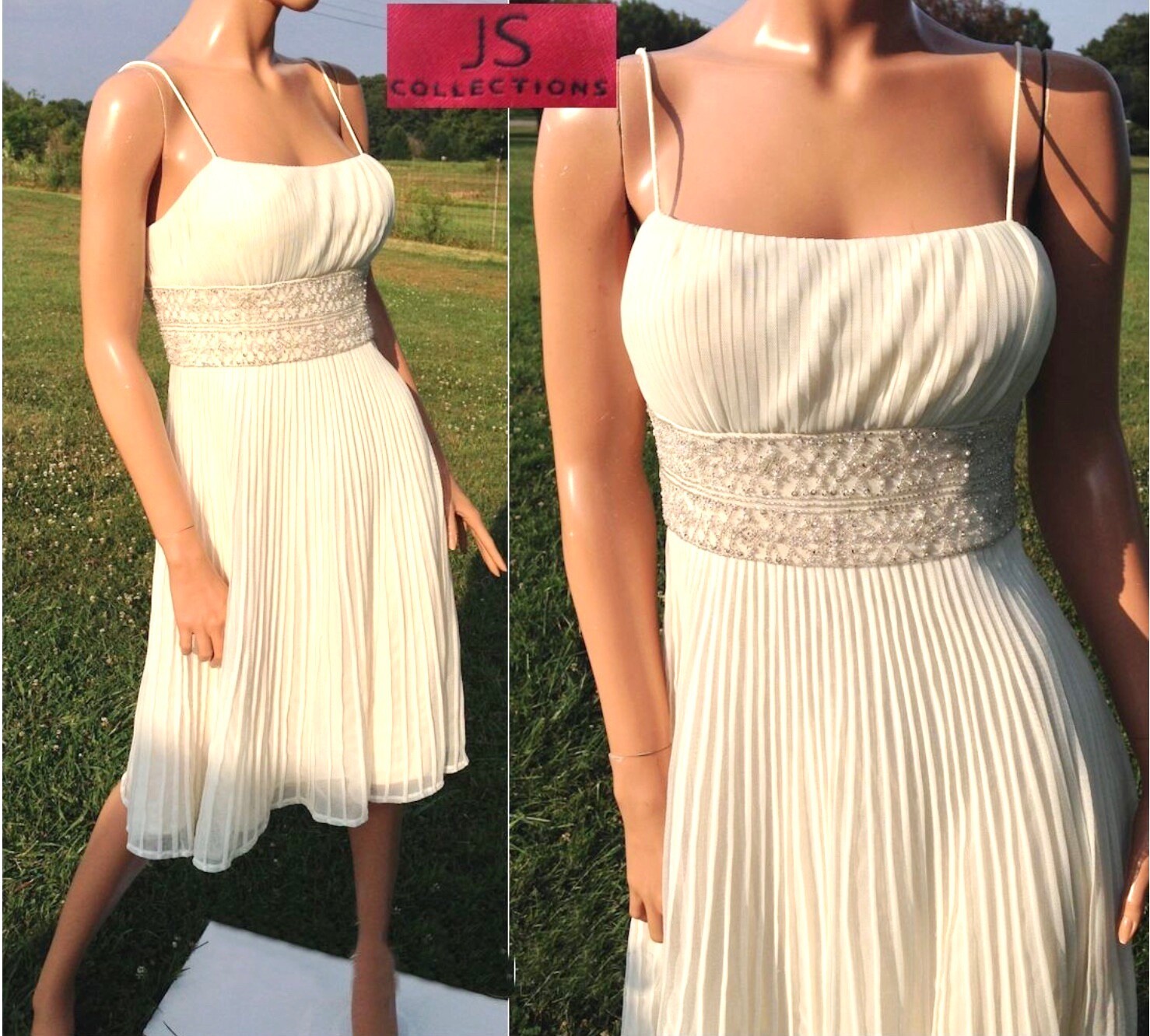 Women’s Ivory Beaded Empire Waist Perma-Pleat Fit & Flare Spag Strap Party Dress