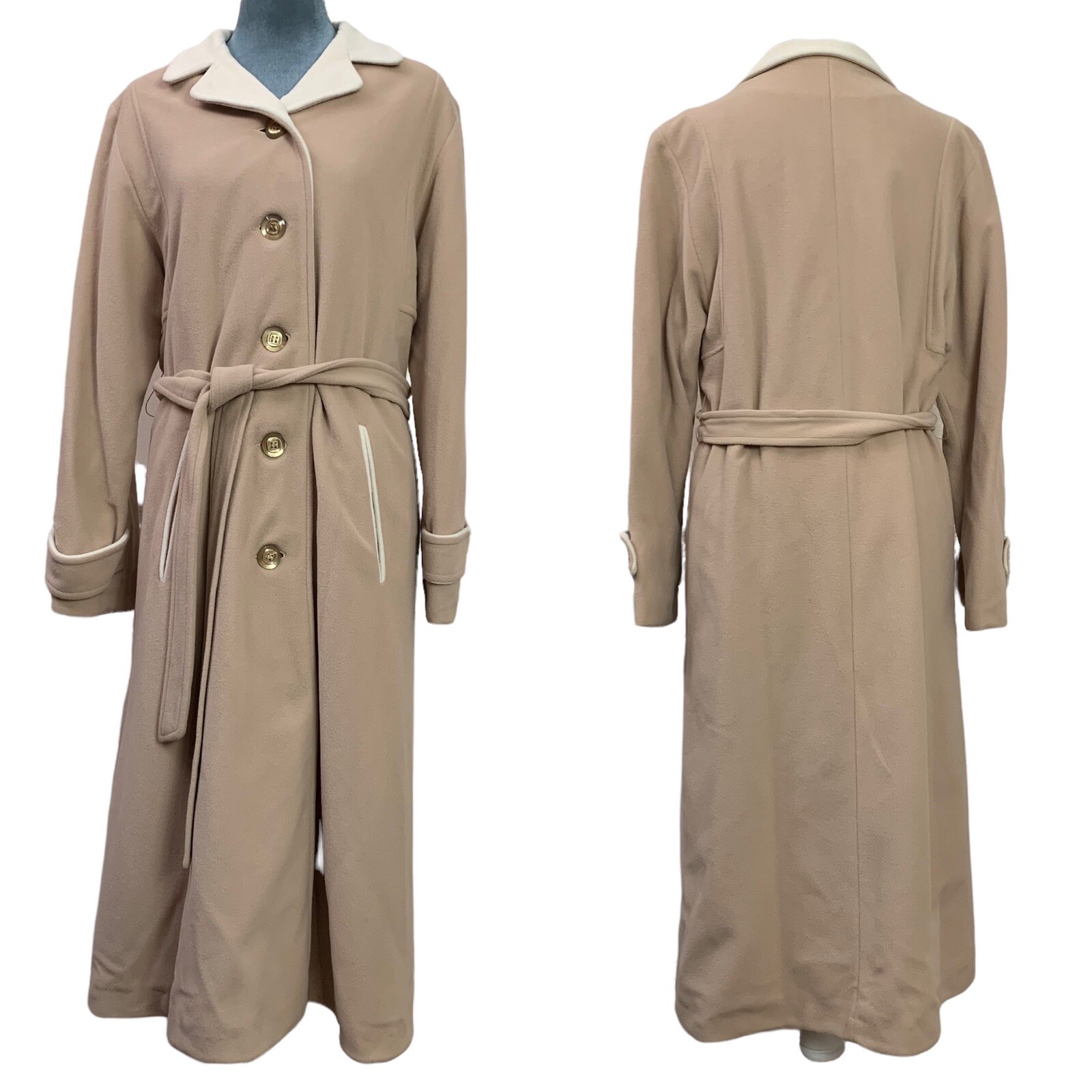 Vintage 60s Kashmiracle Tan Cream Button Long Trench Coat Women’s Large USA