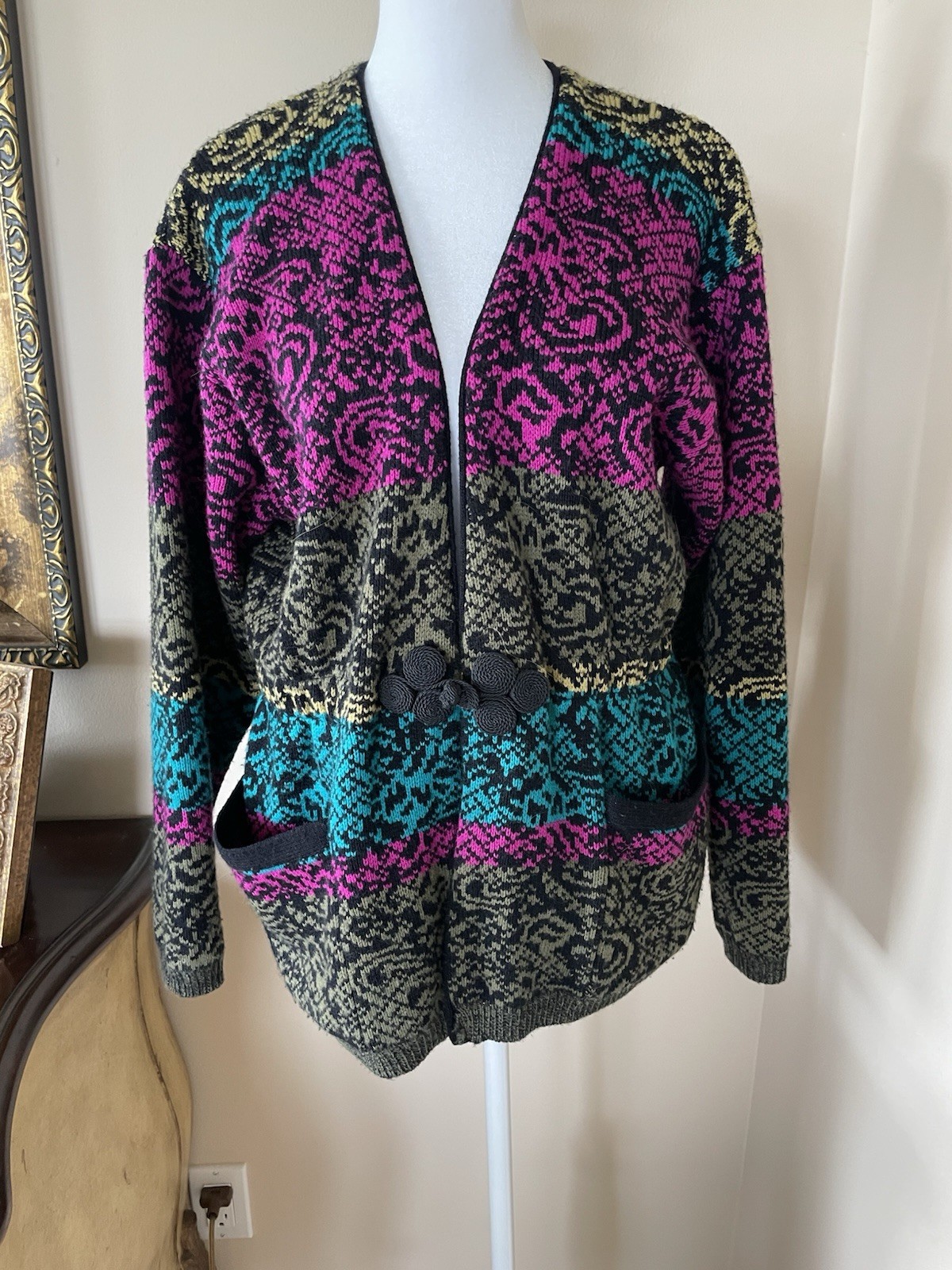 Vintage Jeanne Pierre 48% Lambswool 52% Acrylic Pockets Unique Sweater Jacket M