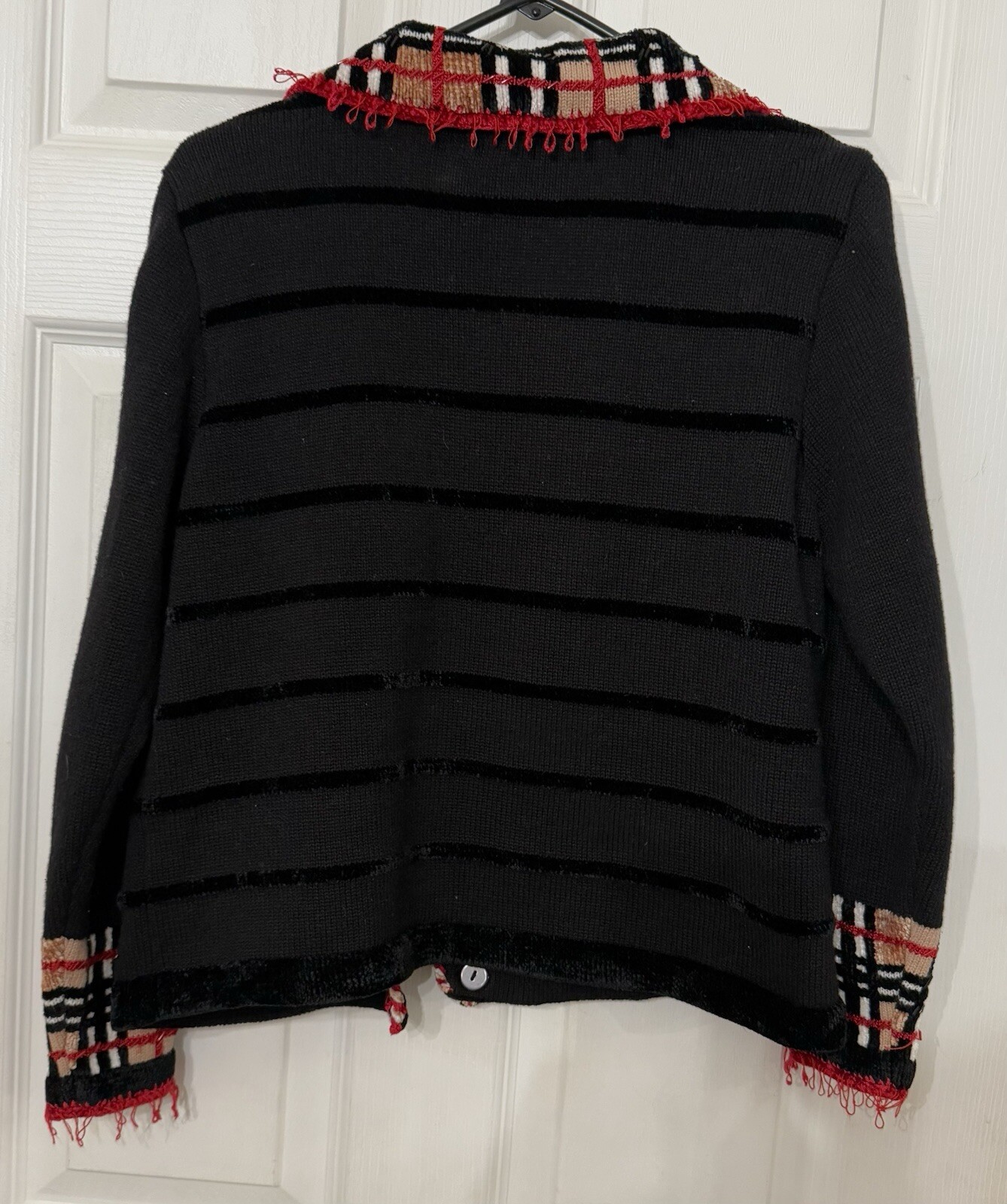 VTG Jack B. Quick Sweater Cardigan Sz M Tartan Pattern Plaid Fringe