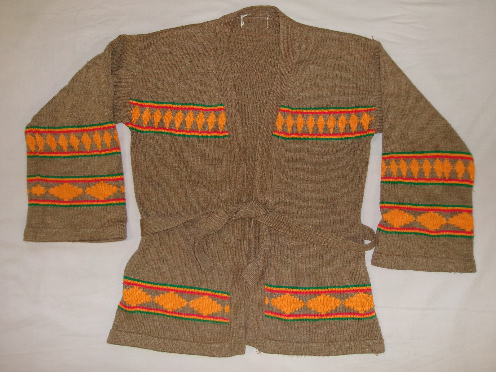 VTG 60s 70s W’S BOHO HIPPIE SWEATER ACRYLIC EARTH TONES W/BELT S/M