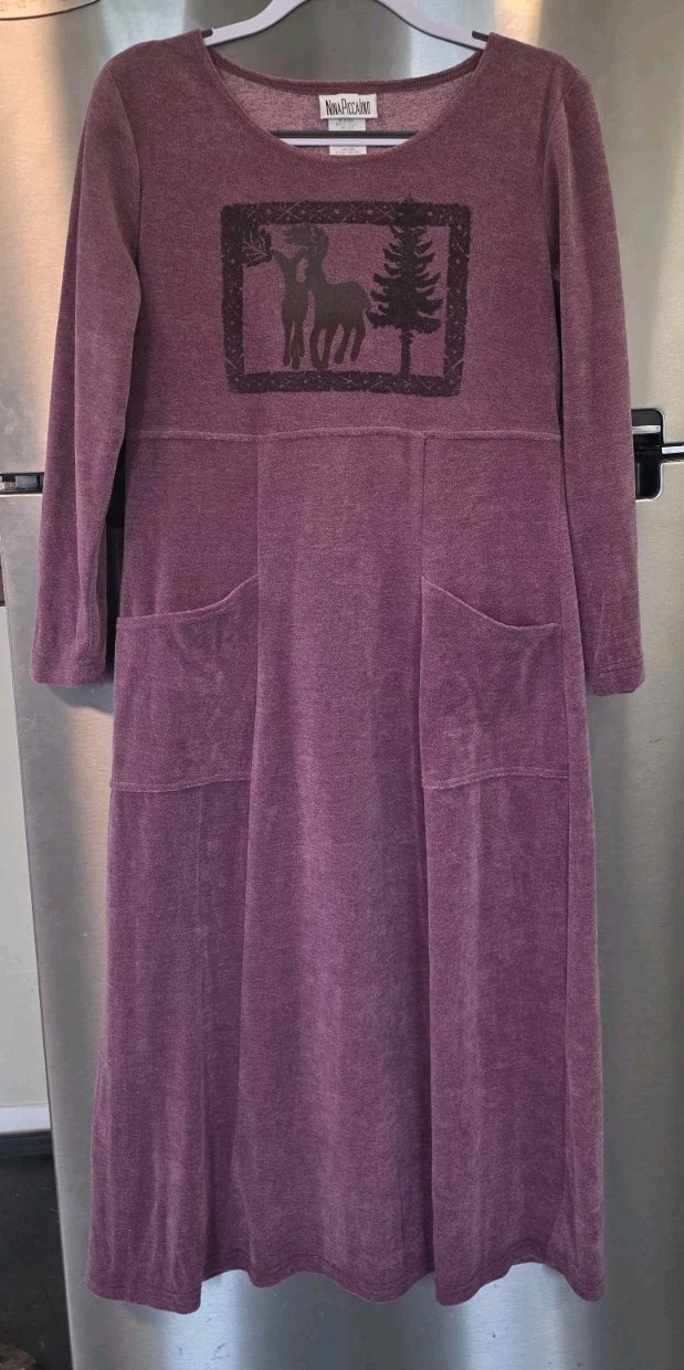 Vtg Nina Piccalino dress S Chore Farm Mauve Deer Midi Pockets Velour Prairie 90s