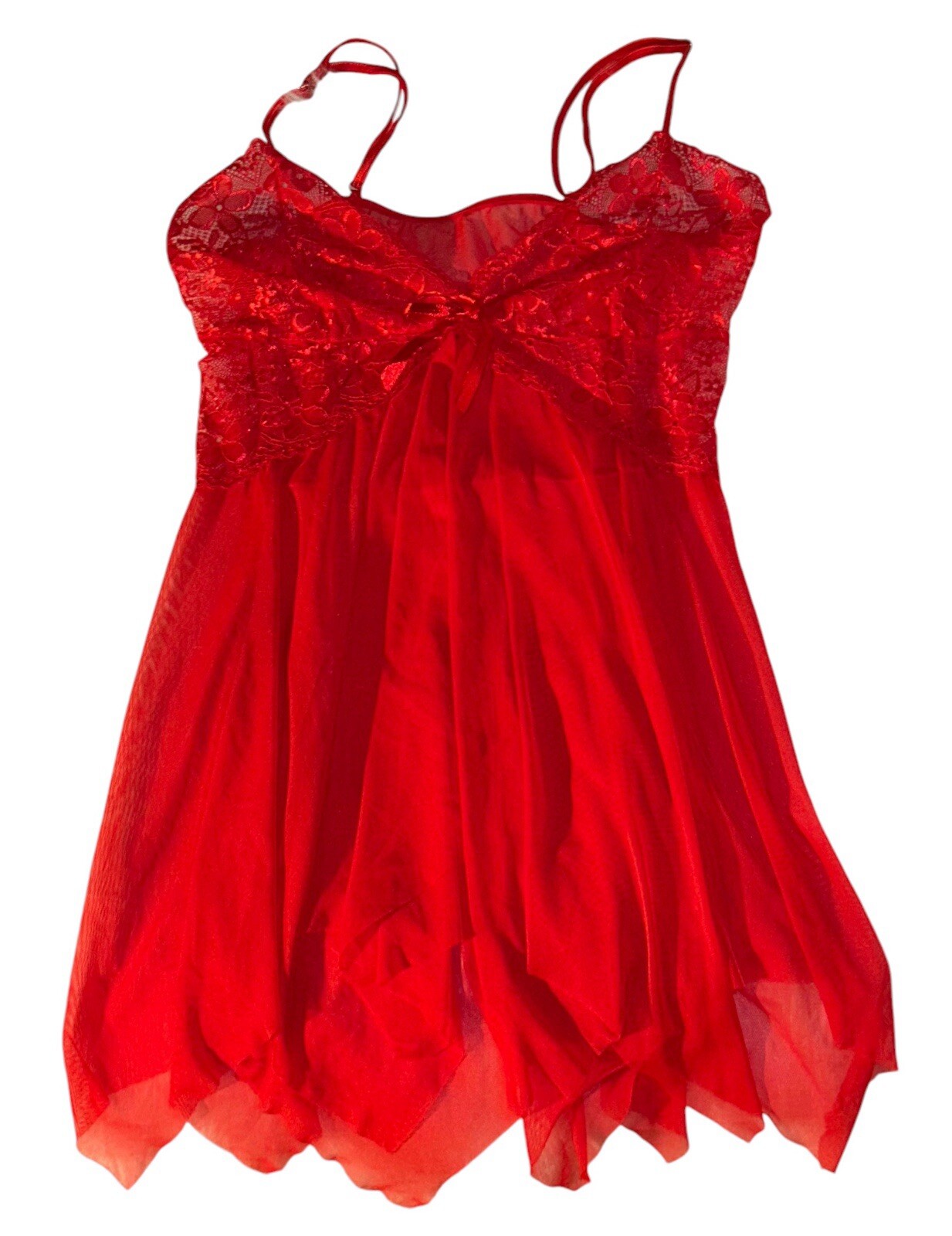 Vintage Red Shiny Sheer Peek A Boo Front Lace Nightie Womens XL NOS