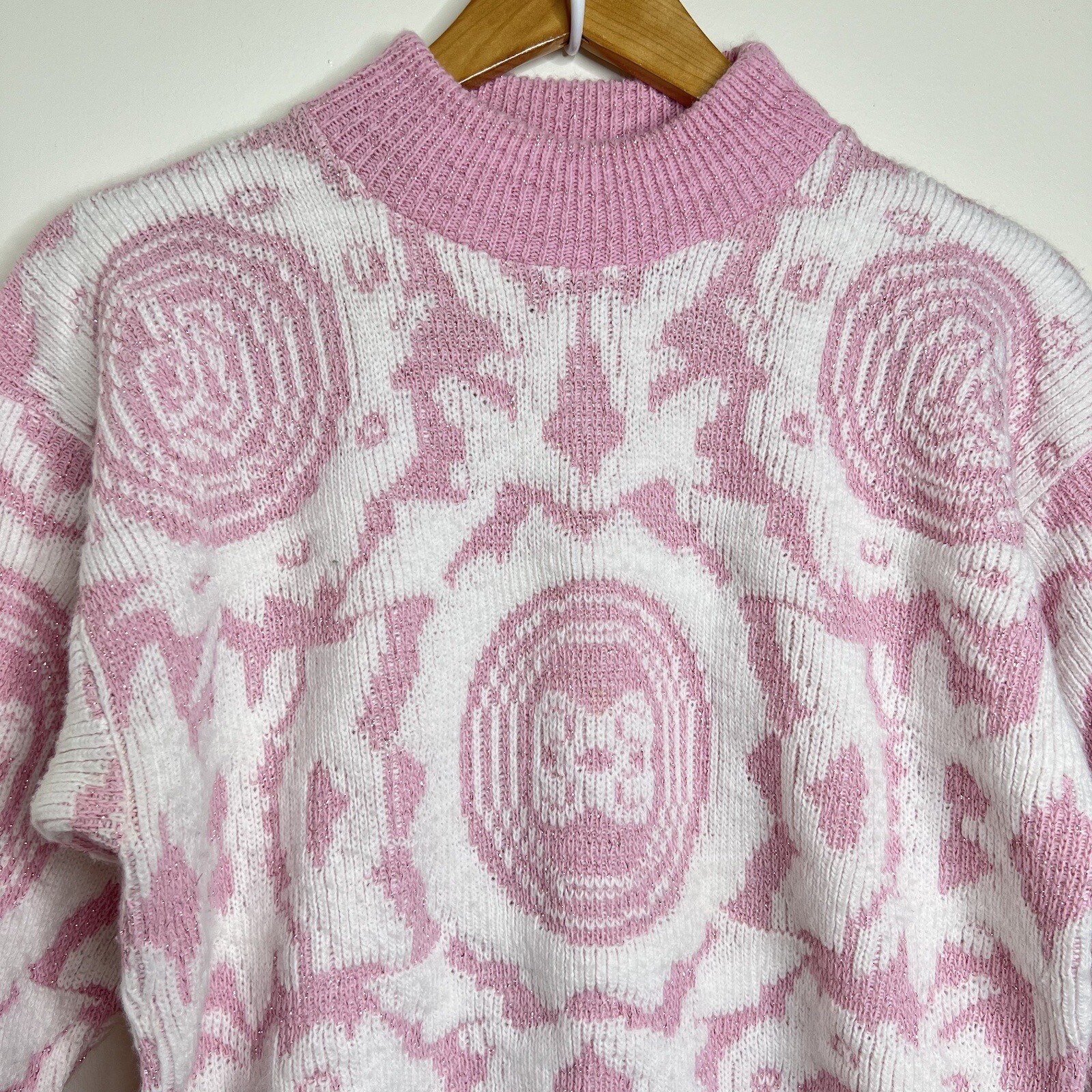 Vintage 80s 90s Cheryl Pink & White Geometric Sweater Approx Large Fairy Kei