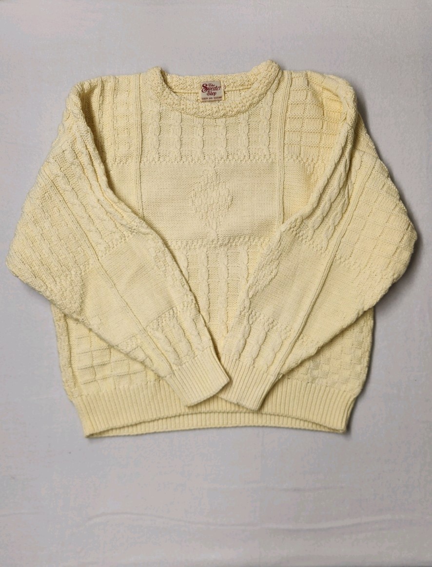 Vintage Irish Cotton Cable Knit Fisherman Sweater Cream Crewneck Pullover Size M