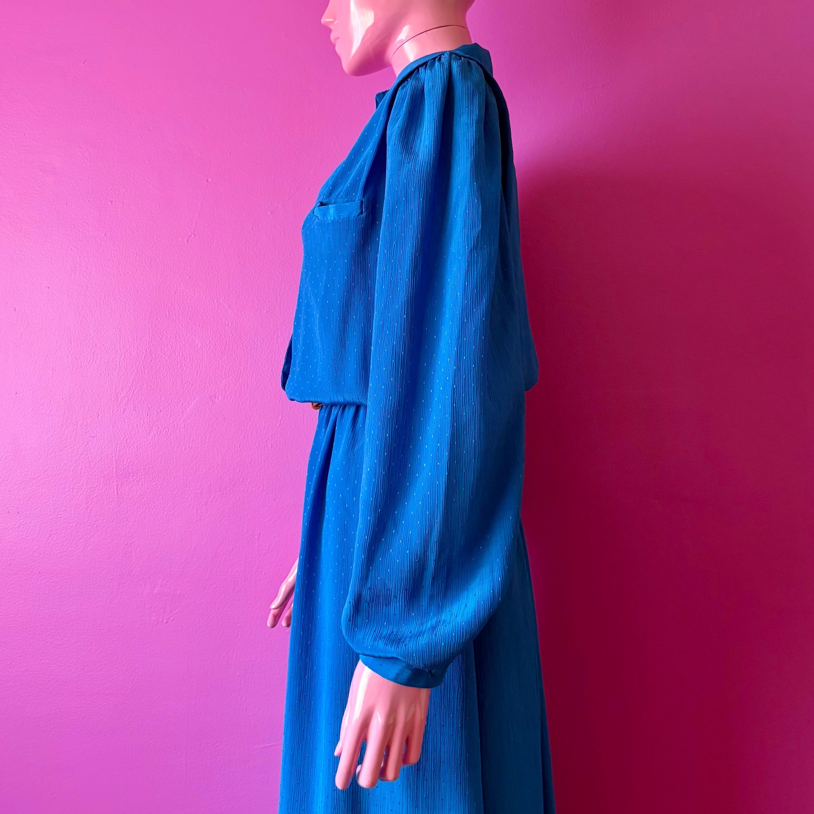 Vintage 80s L Secretary Dress: Cobalt Blue Satin Midi Vneck Blouson with Elastic