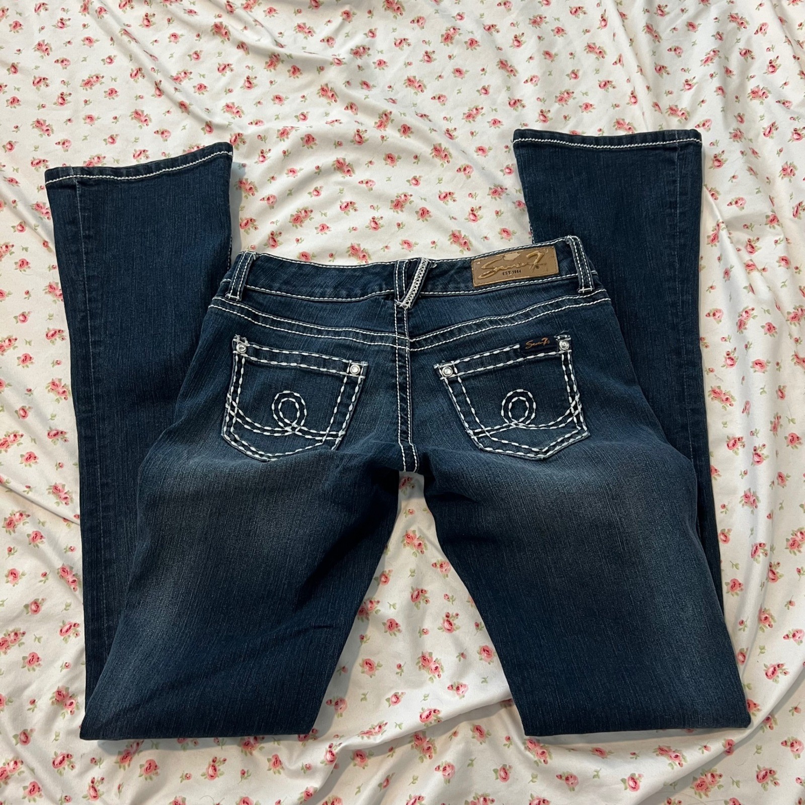 vintage low rise contrast stitch dark wash bootcut jeans