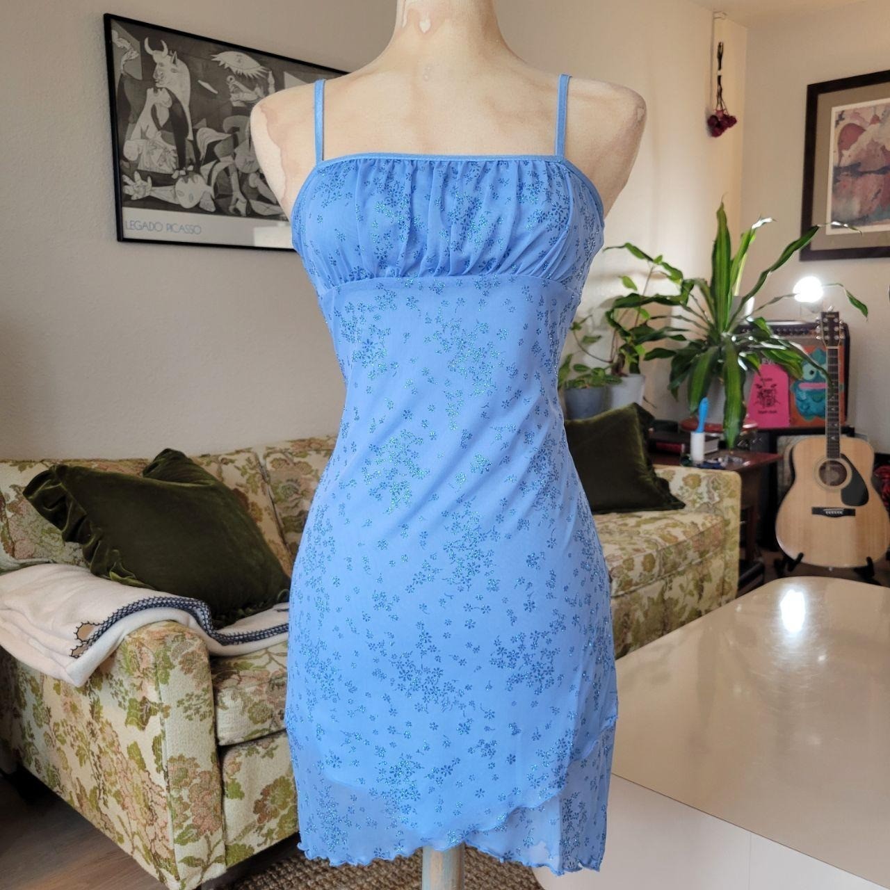 Y2k Baby Blue Sparkly Mesh Milkmaid Formal, Prom, Wedding Guest Dress