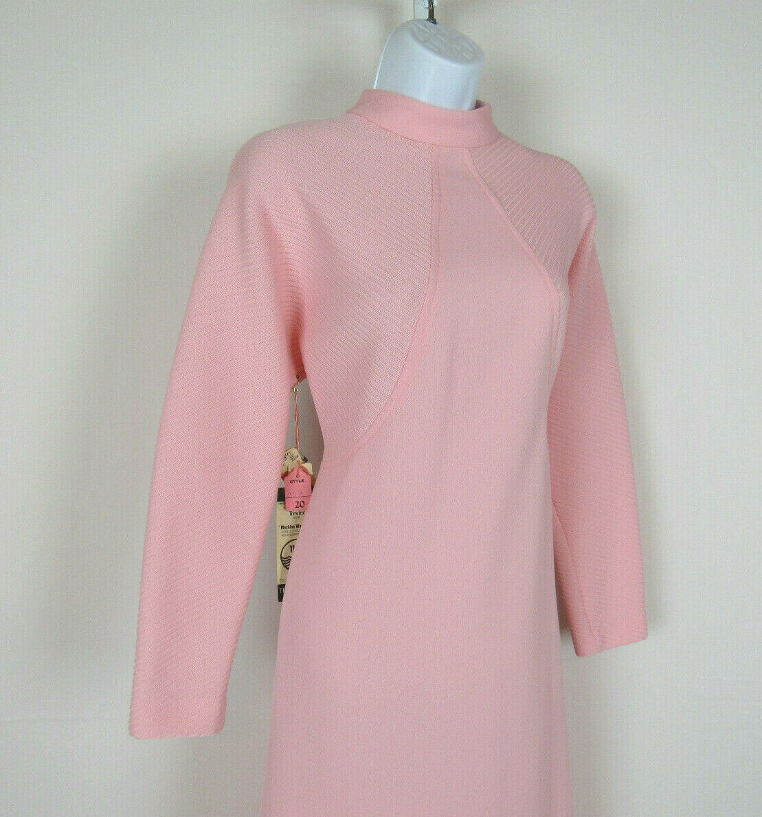 VTG 1960s 70s EDITIONS IN FASHION PINK POLYESTER DRESS RIBBED BODICE LONG SLEEVE