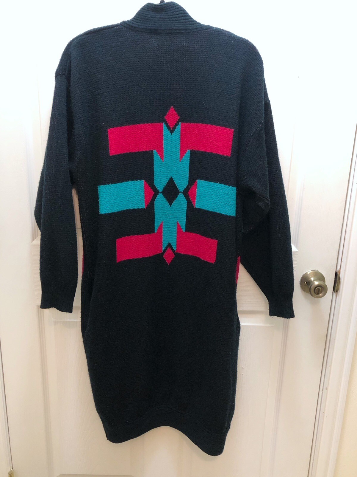Vintage Cameo Rose Long Open Sweater S M L Boho Aztec Southwestern 80s Duster