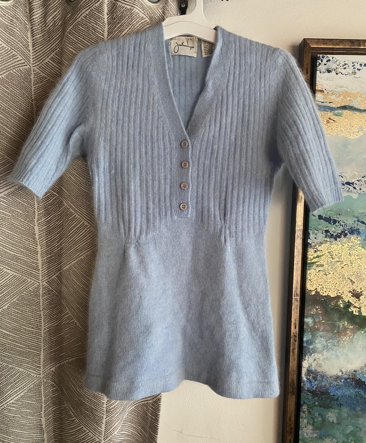 Vintage Jonathan Logan Sweater Women Sz 7 S Light Blue Short Sleeve Wool Angora