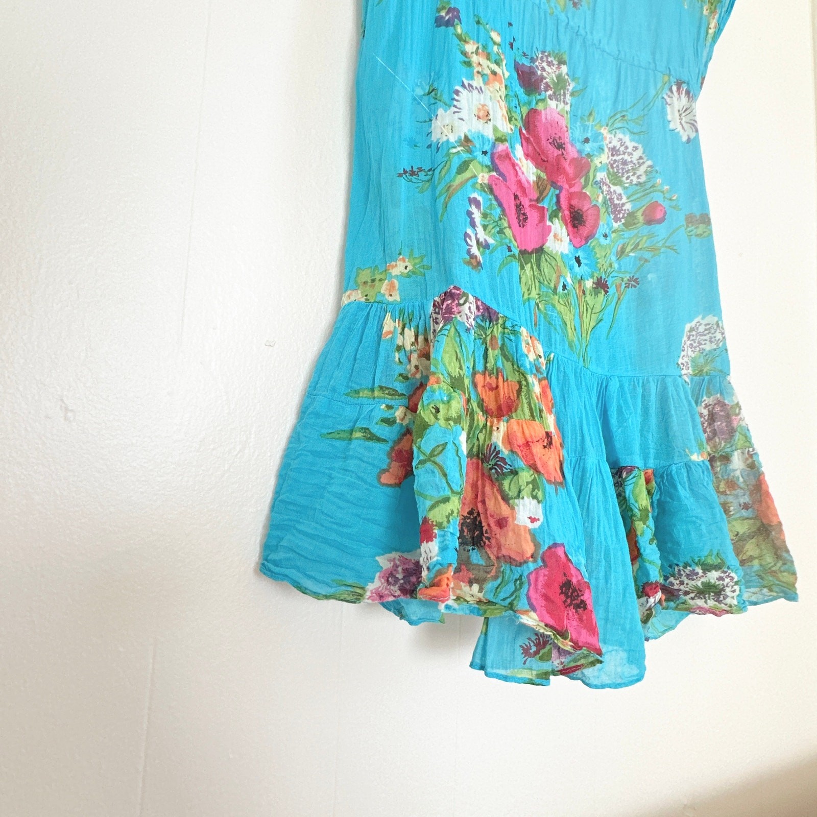 90s Thai Artisanal Dramatic Drop-Shoulder Tunic Dress Electric Turquoise Cotton