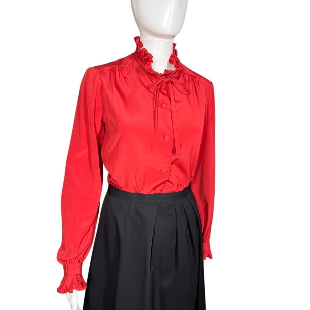 Posh by Jay Anderson Vintage 60s / 70s Red Ruffle 100% Silk Blouse Size Small