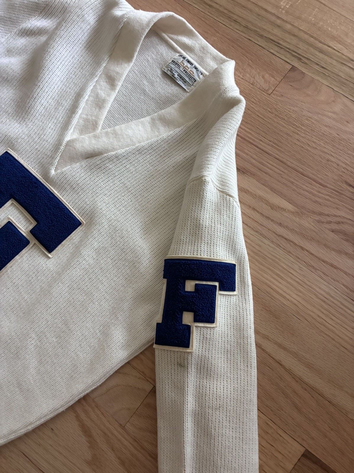True VINTAGE 1970 Letter Sweater VARSITY White No Size Tag Franklin HS 1979