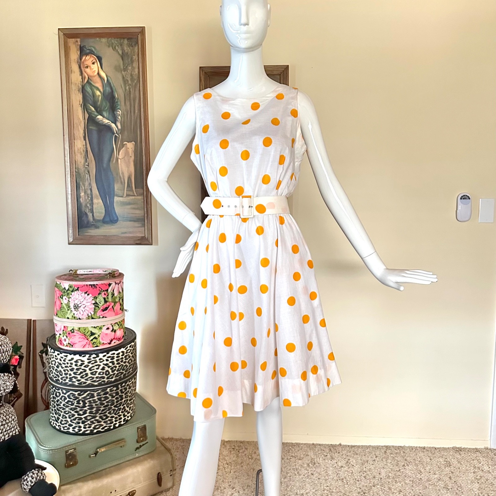 Vintage 1980s Preppy Yellow Polka-dot Skater Circle Mini Dress L Volup