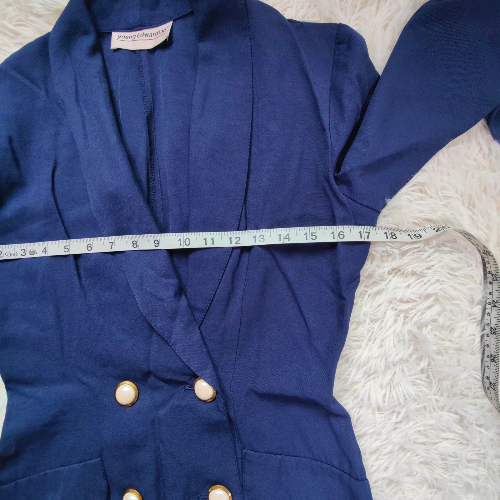 Vintage 80s Young Edwardian Royal Blue Blazer Dress Pearl Buttons Retro Sheath