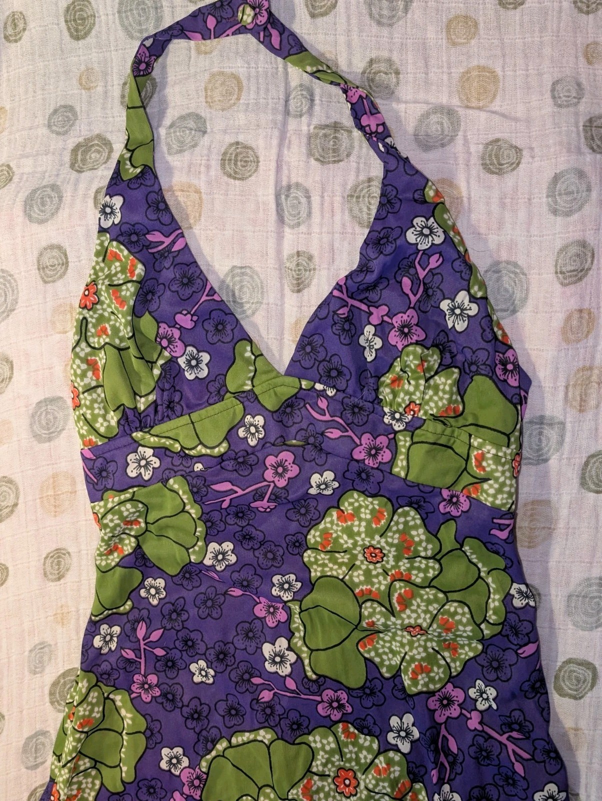 Vintage 70s HOUSE OF NINE Floral Halter Maxi Dress S Nylon Az 7 Green Purple