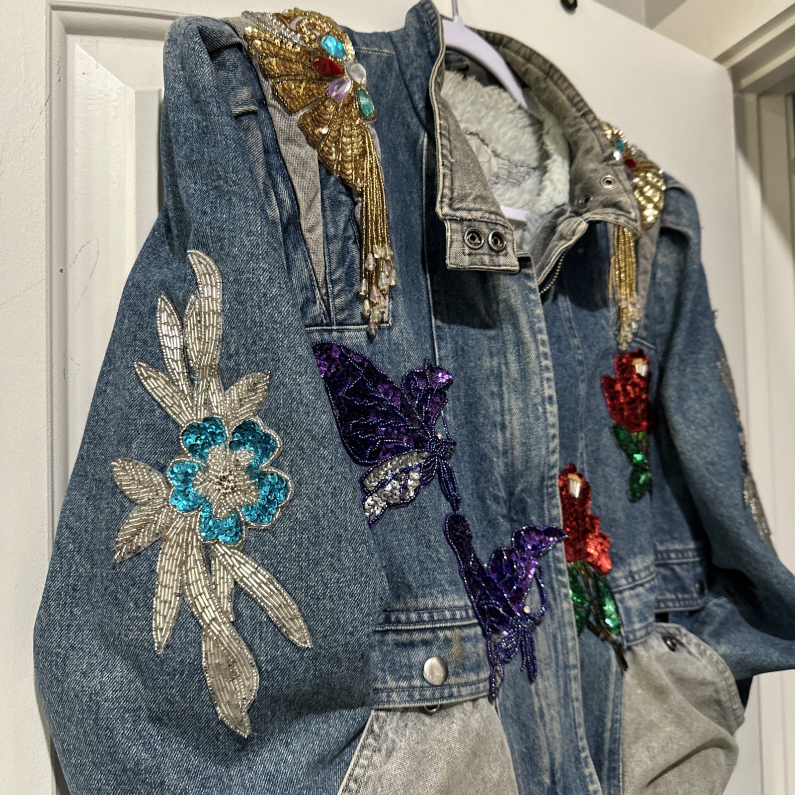 Vtg Mod Maid Denim Jacket Texas Bluebonnet Beaded Gold Fringe Western Cowgirl L