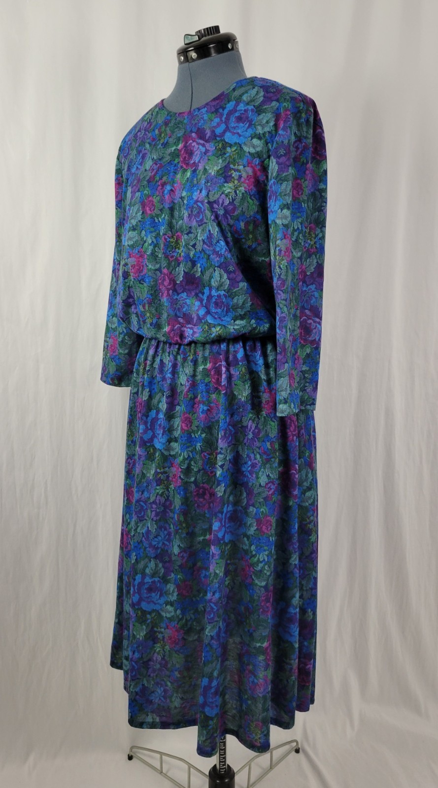 Vintage Sue Sherry Green/Purple/Blue/Magenta Floral Blouson Dress Size 16