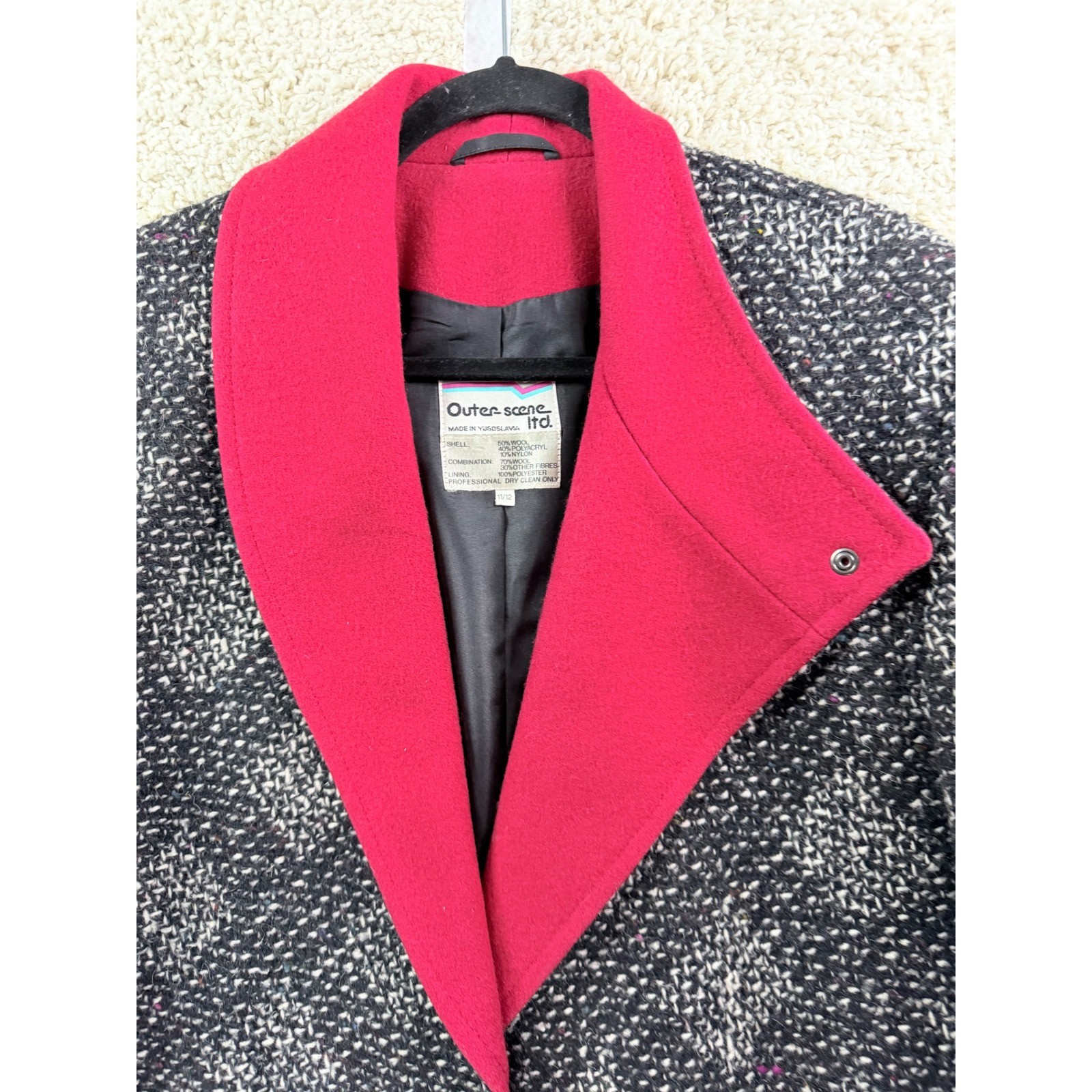 Outer Scene Ltd Wool Tweed Blazer Women 11/12 Pink Black Excellent Vintage Coat