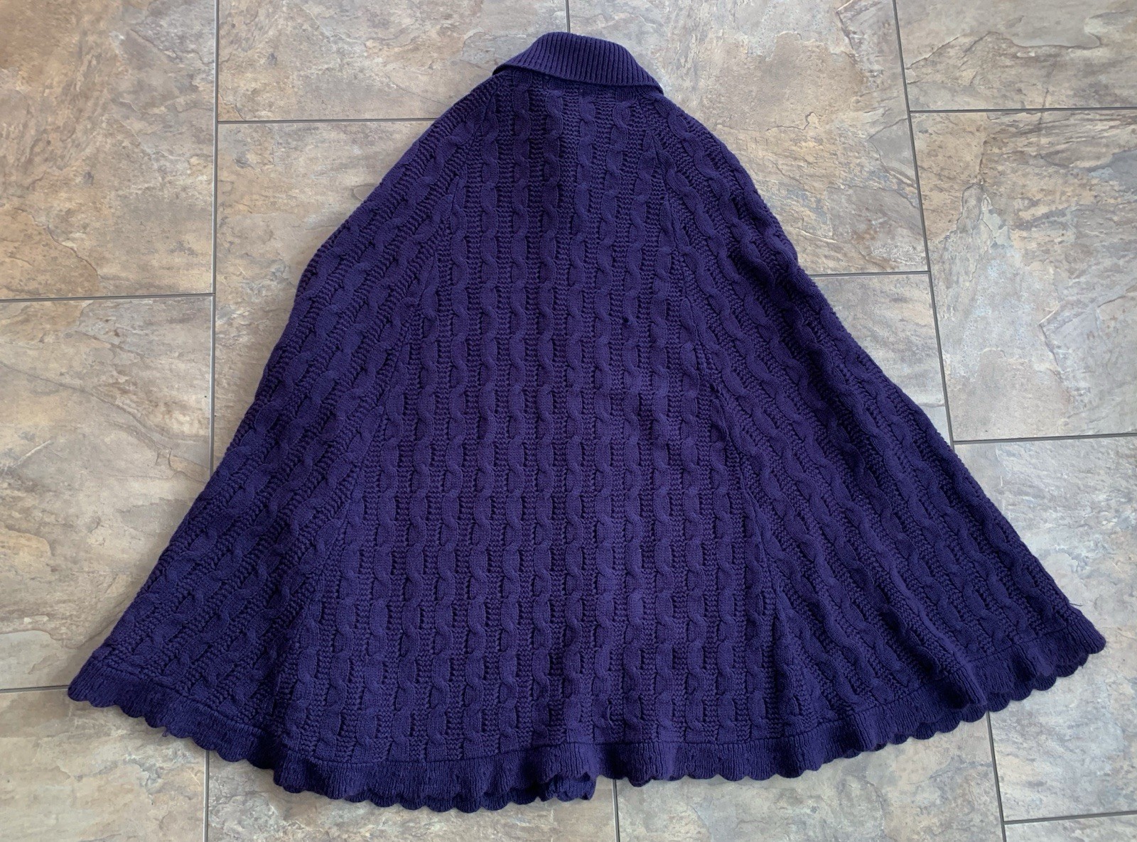 Vintage 70s Sturbridge Blue Cable Knit Sweater Cape Poncho Collared